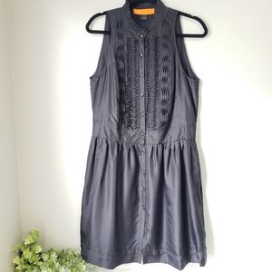 Sleeveless Black Button-Front Dress with Pintuck Detail